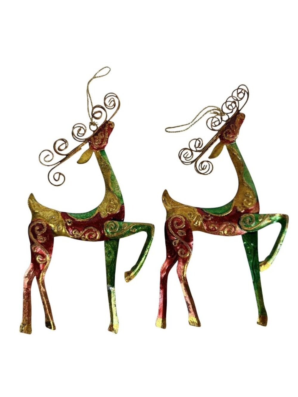 Pier 1 Elegant Prancing Reindeer Red Green Gold Filigree Ornaments 7” Set Of 2